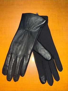 Cole Haan Black Leather and Fabric Dress Gloves